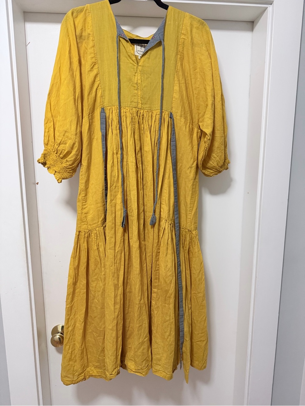 Yellow Tiered Cotton-Poplin Dress with Contrast Ties